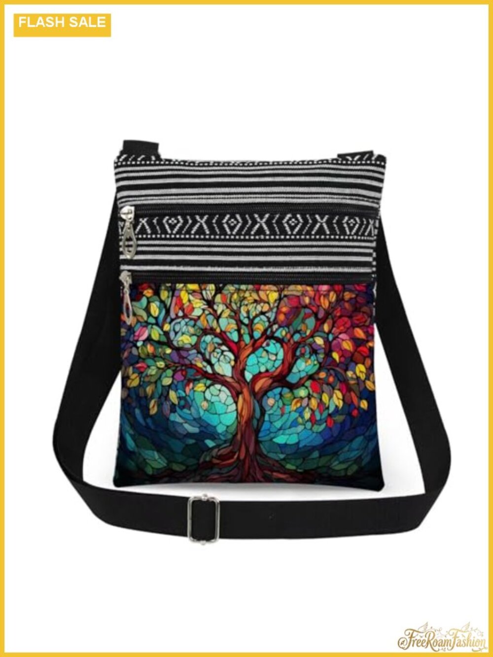 Polyester Tree of Life Crossbody Bag Adjustable Strap Double Zip